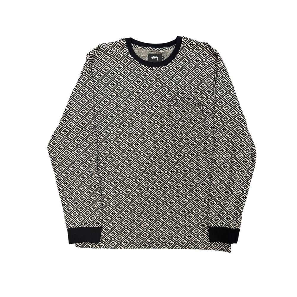 Stussy Long Sleeve Pocket Tee Mens XL Black White Excellent Geometric Monogram
